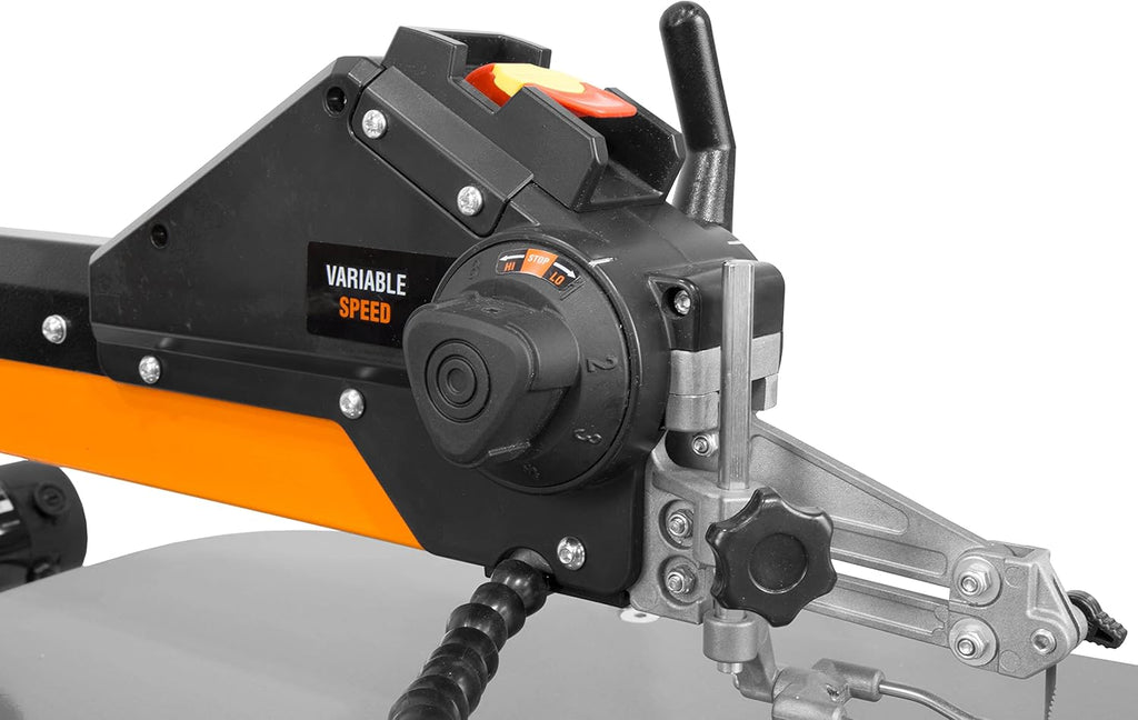 WEN LL2156 21-Inch 1.6-Amp Variable Speed Parallel Arm Scroll Saw with Extra-Large Dual-Bevel Steel Table, Black Orange