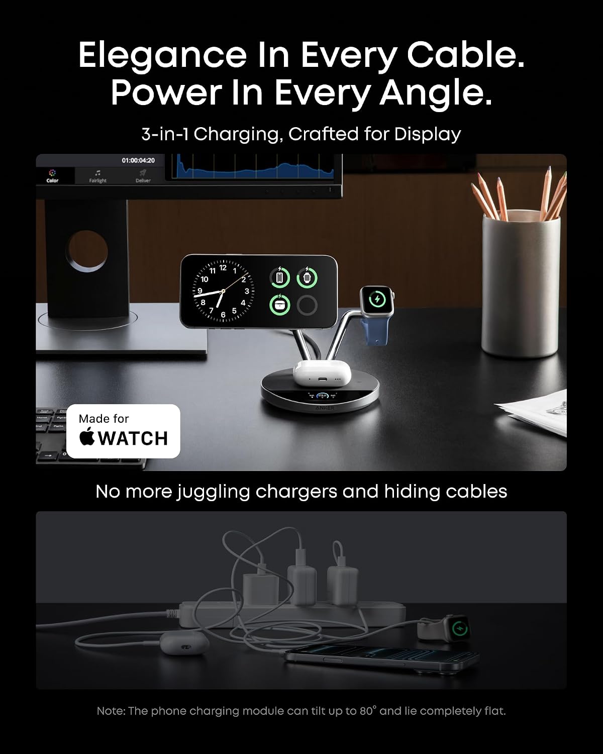 Anker Prime 3-in-1 Qi2.2 MagSafe Compatible 25W Wireless Charging Station | Smart Display, TEC Active Cooling, Apple Watch Charger, for iPhone 17, Apple Watch, AirPods Pro, and More (Adapter Included)