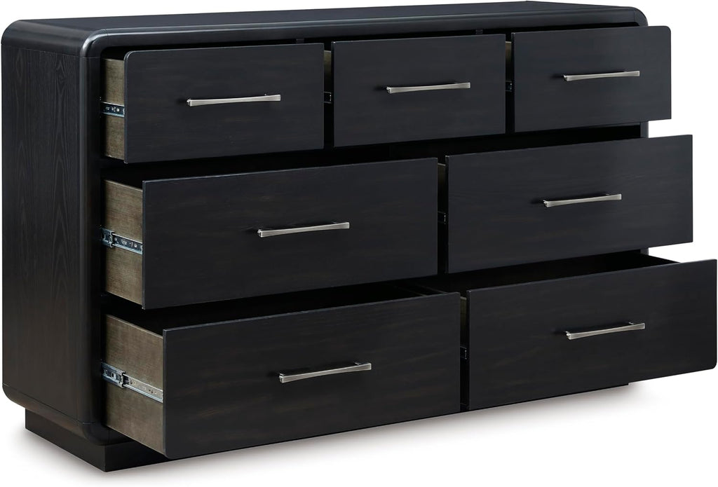 Signature Design by Ashley Rowanbeck Modern Seven-Drawer Dresser with Waterfall Edges, Nickel-Tone Hardware, Wood and Ash Veneer, Black Finish, 63.75' W