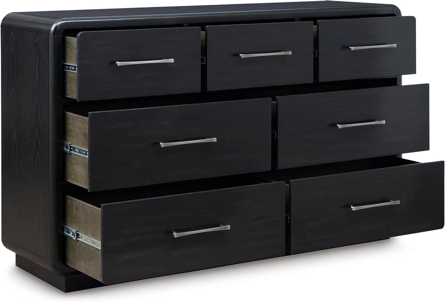 Signature Design by Ashley Rowanbeck Modern Seven-Drawer Dresser with Waterfall Edges, Nickel-Tone Hardware, Wood and Ash Veneer, Black Finish, 63.75' W