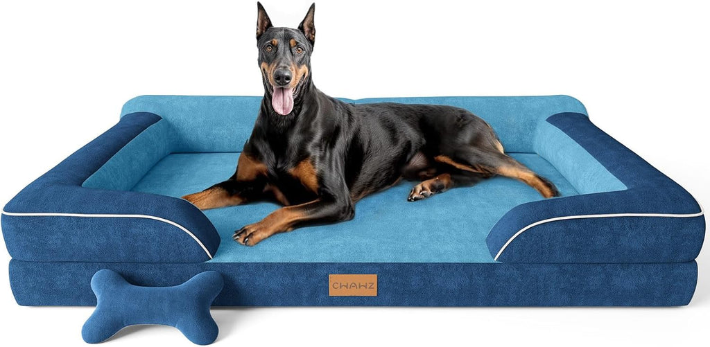 CWAWZ Extra Large Dog Bed, Orthopedic Dog Bed with Cooling Gel Memory Foam, Waterproof XL Pet Bed with Removable Washable Cover, 42" Pet Sofa Couch Dutch Velvet with Bone Toy, Light Gray