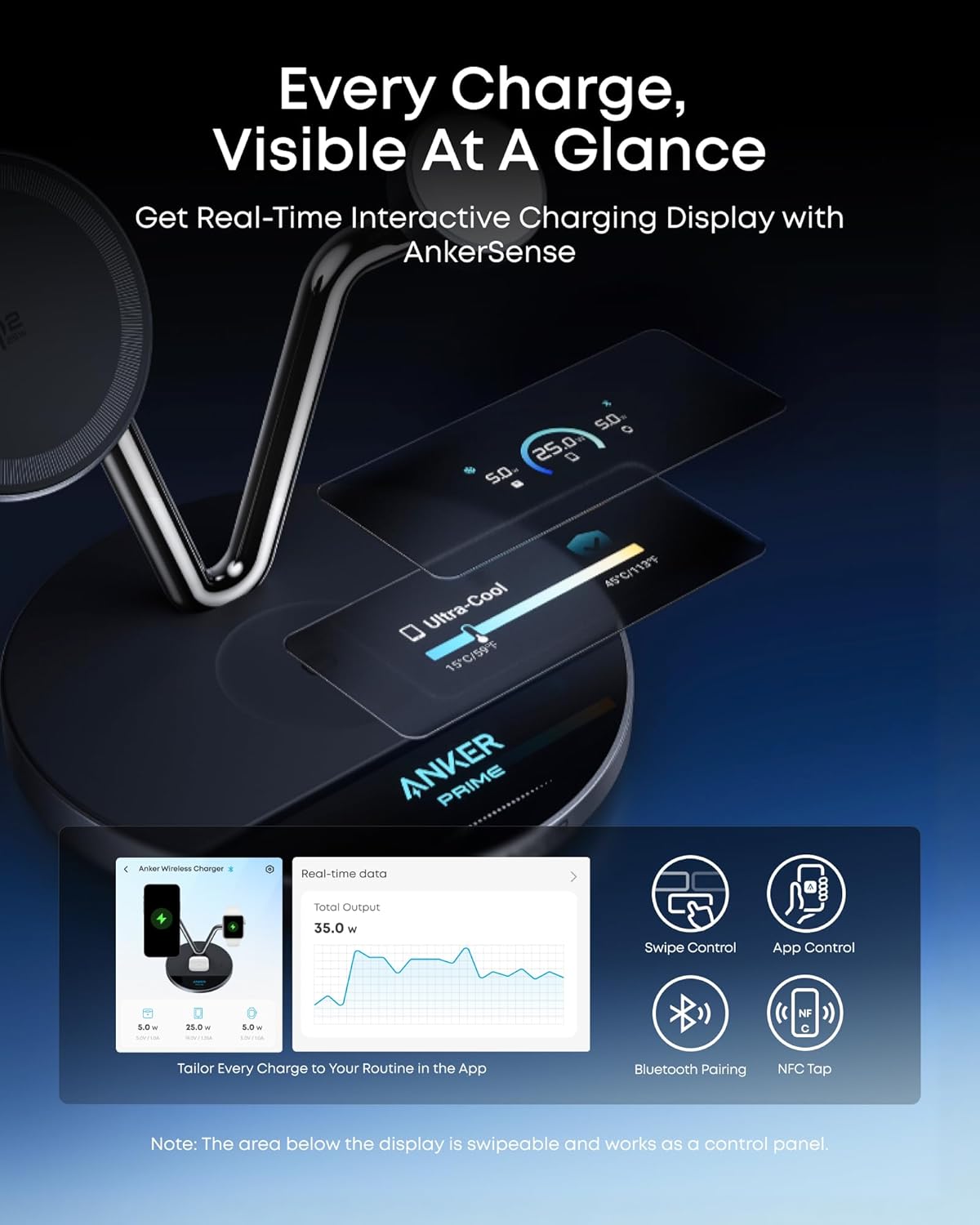 Anker Prime 3-in-1 Qi2.2 MagSafe Compatible 25W Wireless Charging Station | Smart Display, TEC Active Cooling, Apple Watch Charger, for iPhone 17, Apple Watch, AirPods Pro, and More (Adapter Included)