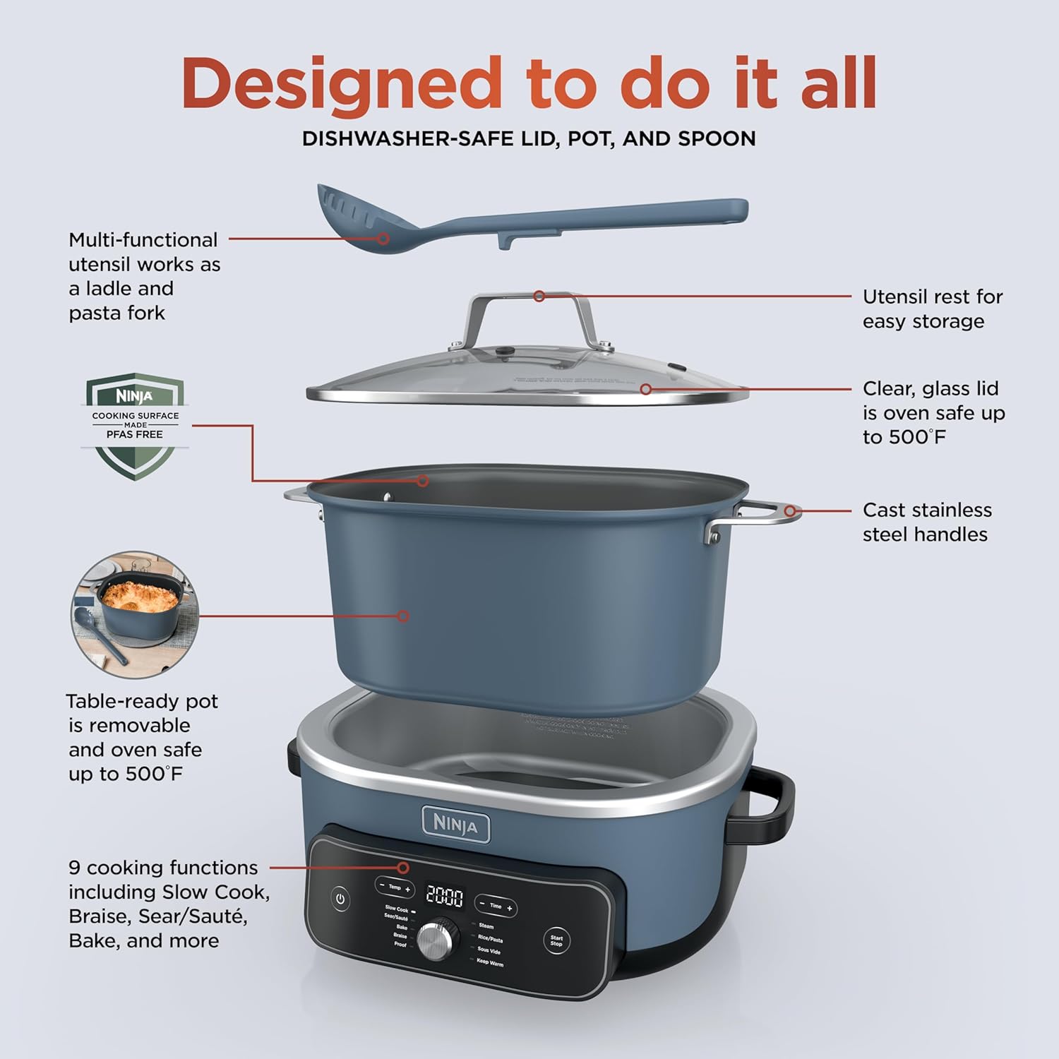 Ninja MC2001 PossibleCooker PRO Plus, 8.5-QT Multicooker, 9 Functions, Slow Cook, Sear, Sauté, Proof, Pasta/Rice, Replace 16 Kitchen Tools, Oven-Safe Ceramic Pot, 1400-Watt, Blue (2026 Release)