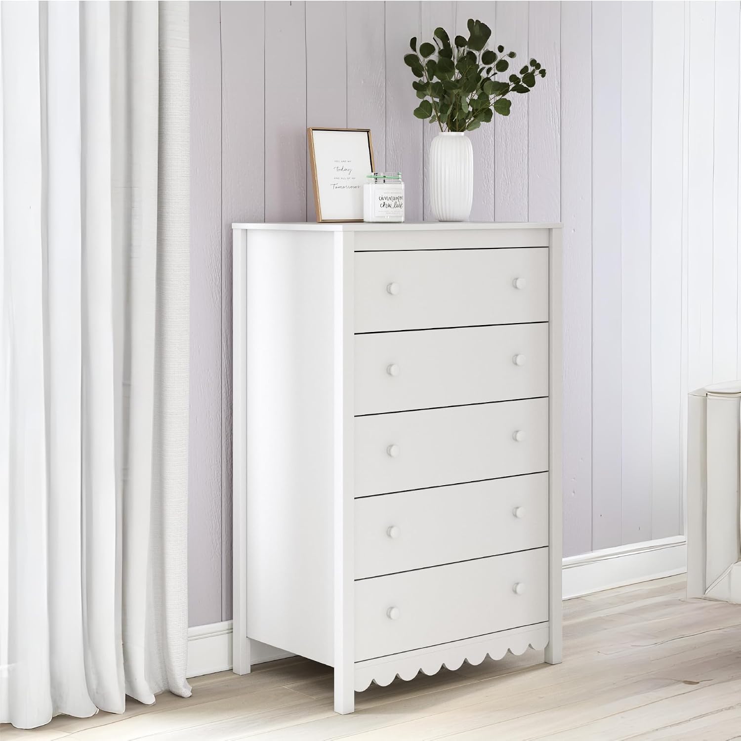 Signature Design by Ashley Hallityn Casual Coastal Chest with Five Smooth-Gliding Drawers, Meets ASTM International Safety Standards, Matte White Finish