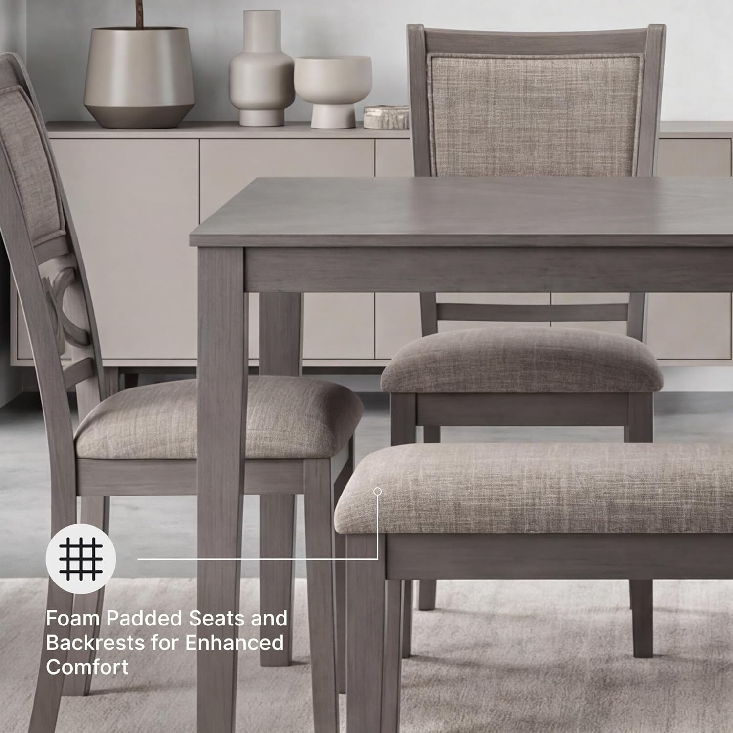 Signature Design by Ashley Wrenning Diamond Patterned Dining Table Set, 4 Upholstered Chairs and Bench, Seats 6, Wood, Gray