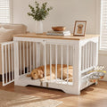 Dog Crate Furniture 38in, Wooden Indoor Pet Kennel End Table with 360 Degree Rotating Feeder Door, Secure Double Latches and Solid Base for Medium Dogs, Natural and White