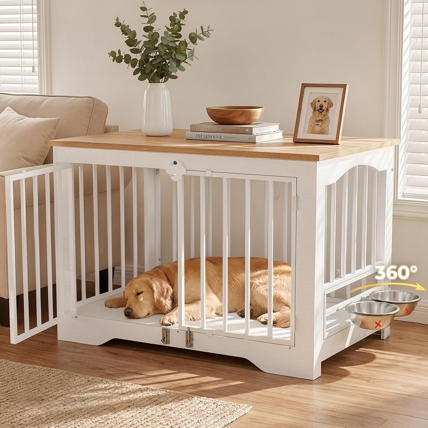 Dog Crate Furniture 38in, Wooden Indoor Pet Kennel End Table with 360 Degree Rotating Feeder Door, Secure Double Latches and Solid Base for Medium Dogs, Natural and White
