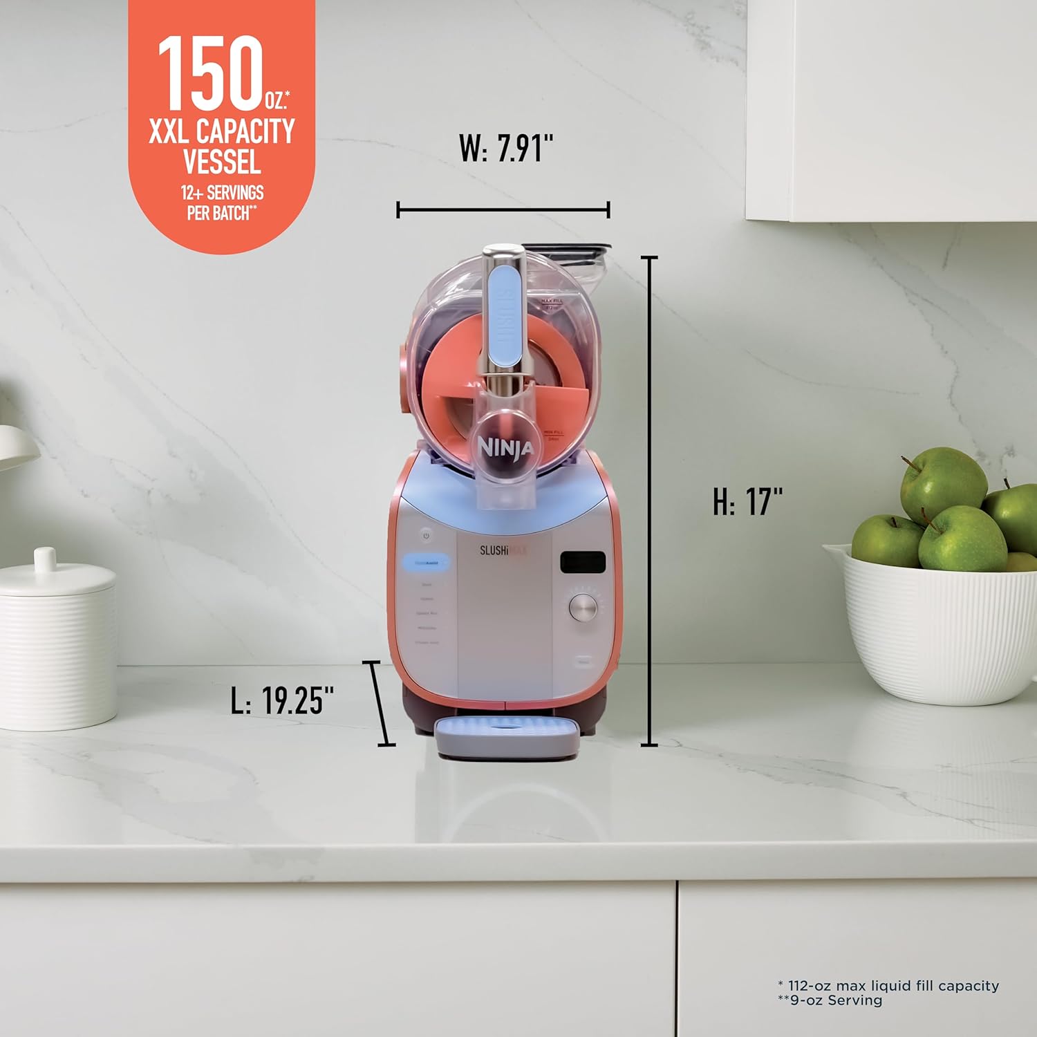 Ninja SLUSHi Max XXL Smart Frozen Drink Maker, Top Performance and Smart Technology, Party Size 150 Ounces Capacity, No Ice Needed, 6 Programs, Ideal Temp and Texture up to 12 Hours, Peach, FS605