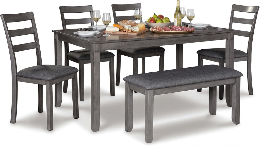 Signature Design by Ashley Bridson Dining Table Set For 6 With Bench, Wood 6‑Piece Kitchen Table And Chairs With Upholstered Seats, Transitional Charcoal Gray Dining Room Collection For Family Meals