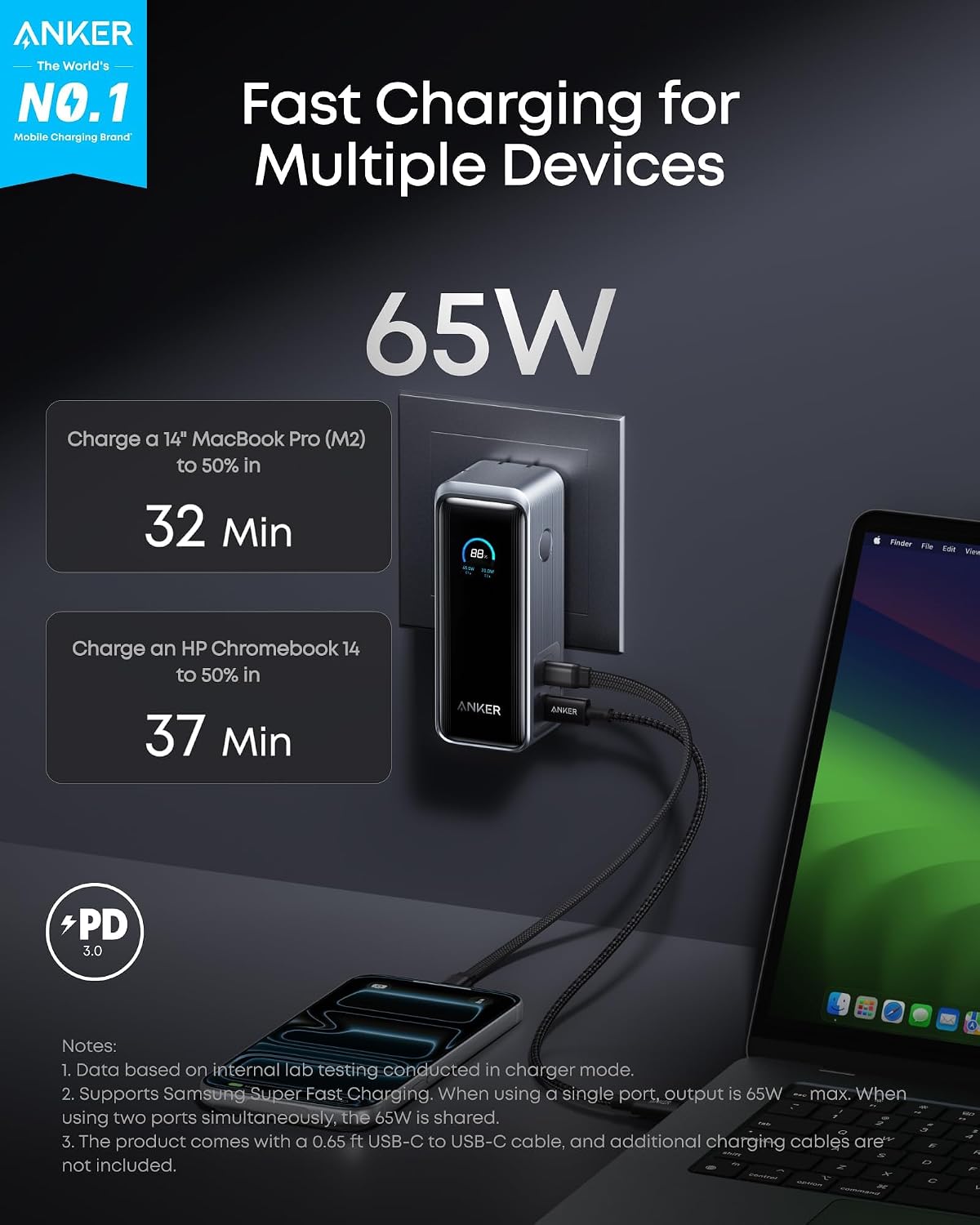 Anker Prime Power Bank, 9,600mAh Battery Pack with 65W Output Wall Charger, Supports PD 3.0 and PPS, 30W Fast Recharging, Sleek Portable Charger for MacBook Pro, iPhone 17/16 Series, Galaxy, iPad