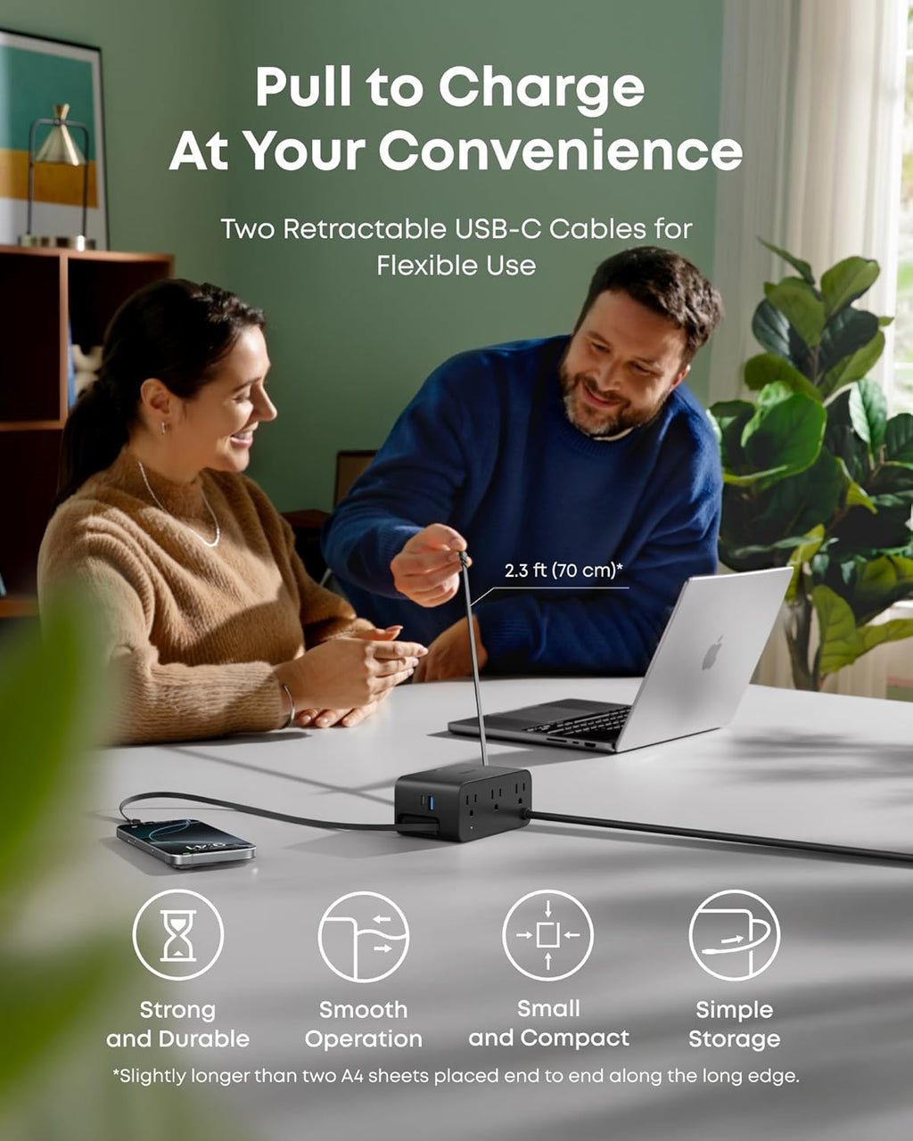 Anker Nano Charging Station, 100W 7-in-1 Power Strip, InstaCord | 2.3ft Retractable Cable, Gaming Desk Accessories for Multiple Devices, 3 AC, 3 USB C, 1 USB A, MacBook Charger, Home Office