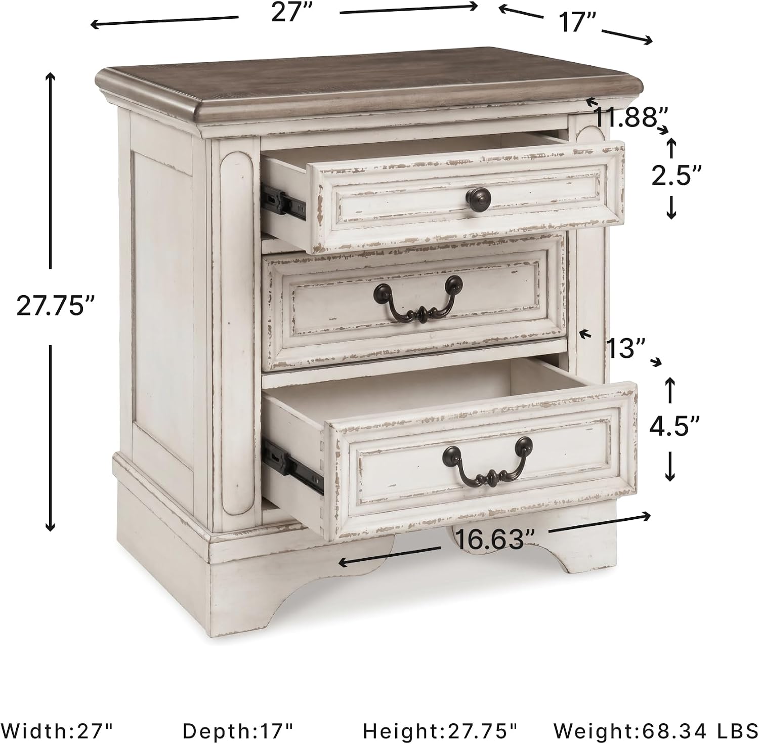 Signature Design by Ashley Realyn Nightstand with USB Charging Station, French Country 3 Drawer Bedside Table for Bedroom, Veneers, Wood and Engineered Wood, with Cast Resin Components, 27 Inches