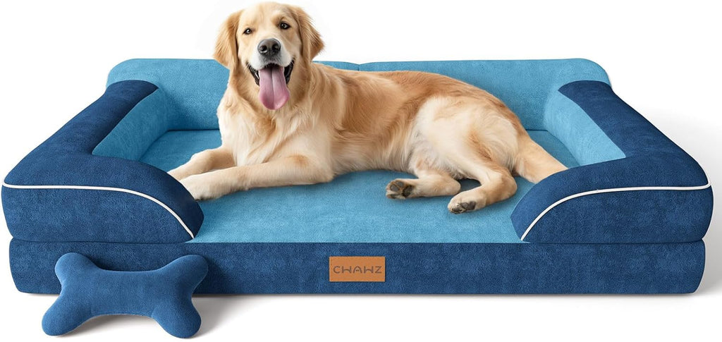 CWAWZ Extra Large Dog Bed, Orthopedic Dog Bed with Cooling Gel Memory Foam, Waterproof XL Pet Bed with Removable Washable Cover, 42" Pet Sofa Couch Dutch Velvet with Bone Toy, Light Gray