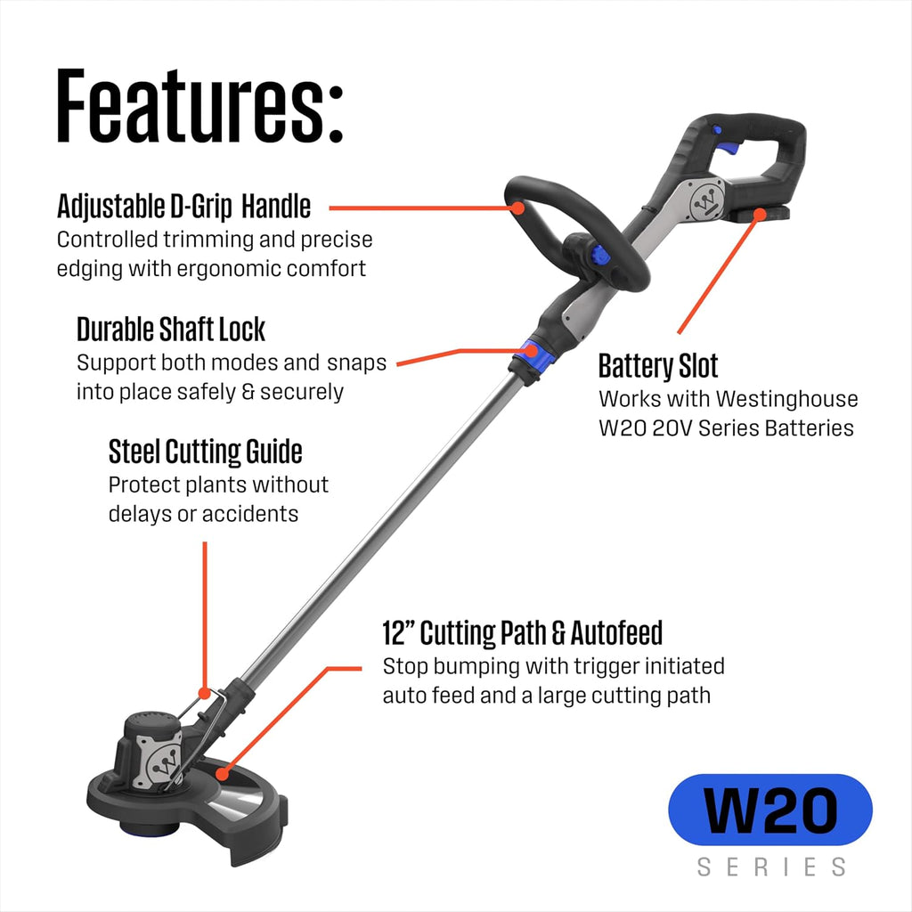 Westinghouse 20V 2-in-1 Cordless String Trimmer and Edger, 12 Inch Cutting Path with 2.0Ah Battery and Charger