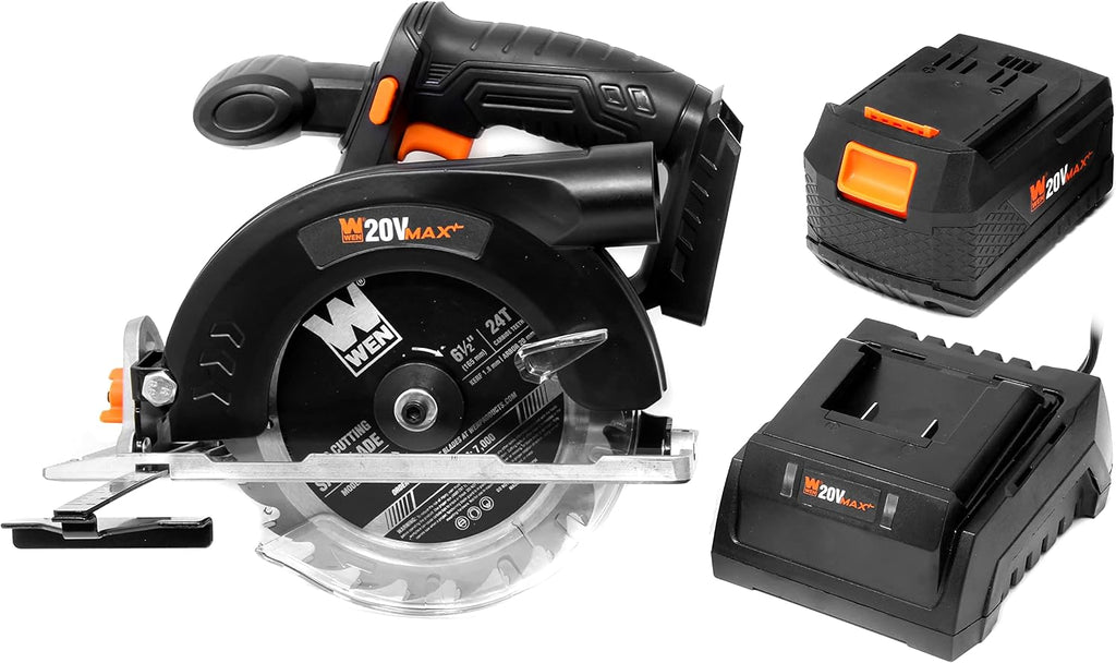 WEN Cordless Circular Saw, 6.5-Inch Blade with 20V Max 4.0 Ah Lithium-Ion Battery and Charger (20625)