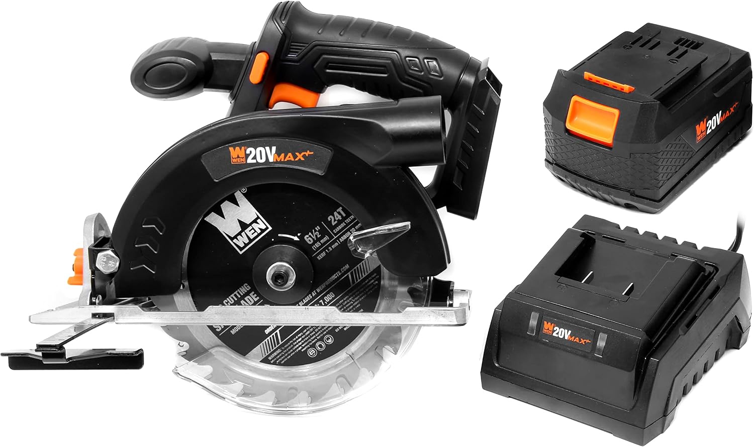 WEN Cordless Circular Saw, 6.5-Inch Blade with 20V Max 4.0 Ah Lithium-Ion Battery and Charger (20625)