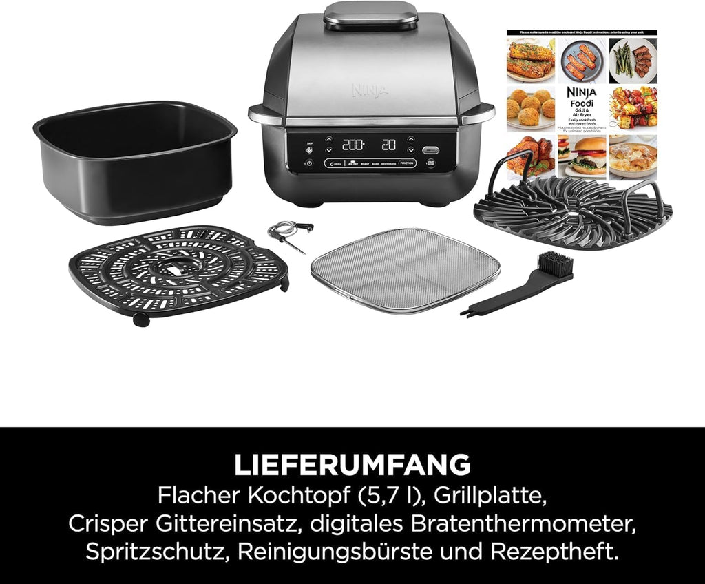 Ninja 5-in-1 Oil-Free Indoor Grill & Deep Fryer, 5 Modes, Cooks Up to 4 Burgers, 5.7L Capacity, Low Smoke Digital Meat Thermometer Included, Black/Silver, EG351EU