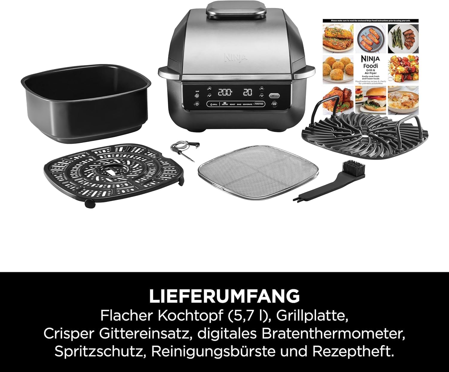 Ninja 5-in-1 Oil-Free Indoor Grill & Deep Fryer, 5 Modes, Cooks Up to 4 Burgers, 5.7L Capacity, Low Smoke Digital Meat Thermometer Included, Black/Silver, EG351EU