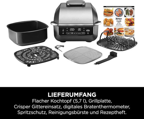 Ninja 5-in-1 Oil-Free Indoor Grill & Deep Fryer, 5 Modes, Cooks Up to 4 Burgers, 5.7L Capacity, Low Smoke Digital Meat Thermometer Included, Black/Silver, EG351EU