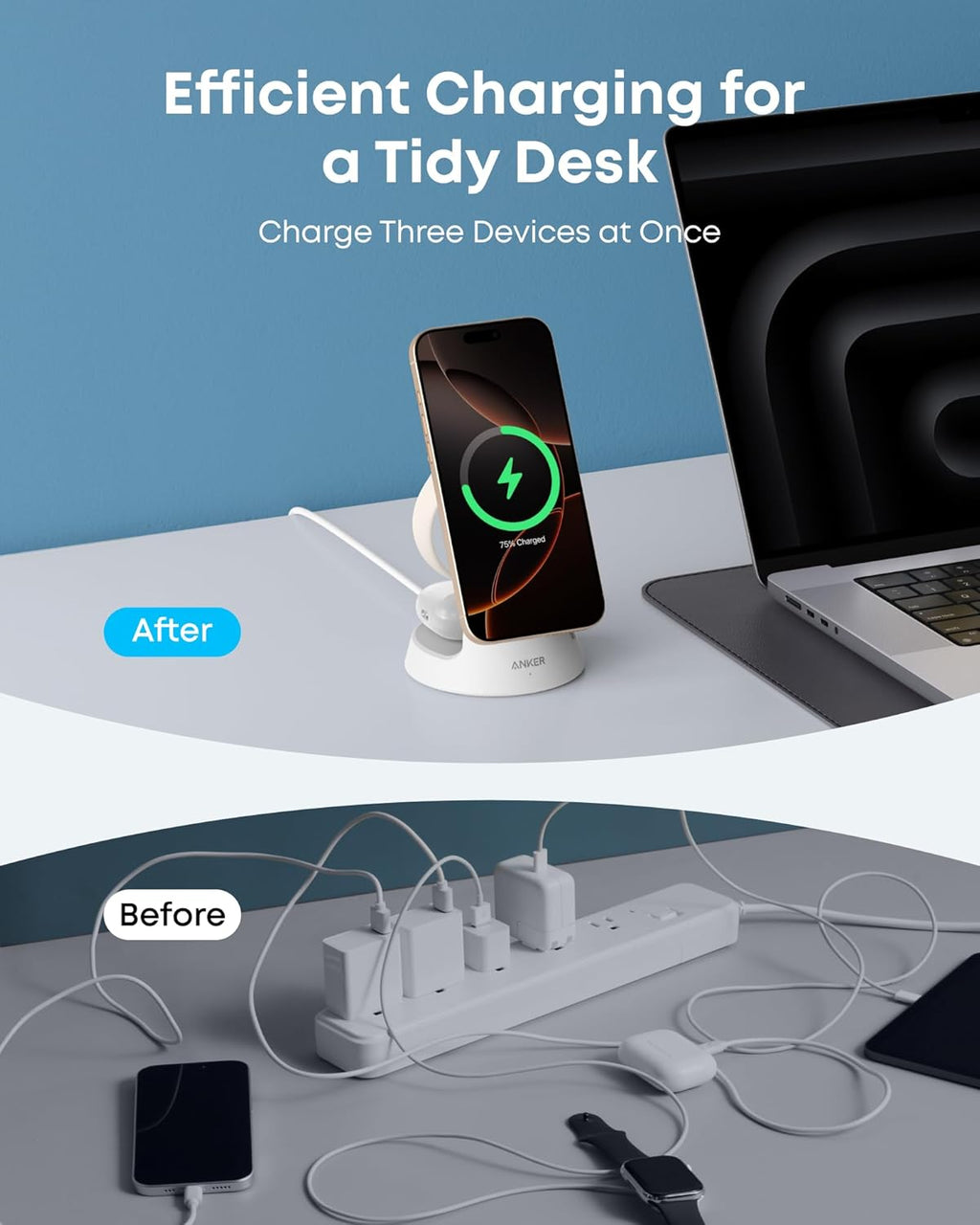 Anker MagSafe Charger Compatible, MagGo 3-in-1 Charging Station, Nano Charging Stand, Qi2 Certified 15W Magnetic Wireless Charger Dock, for iPhone 17/16/15/14, Apple Watch, AirPods (Adapter Included)