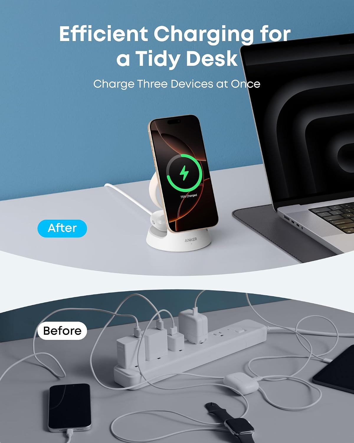 Anker MagSafe Charger Compatible, MagGo 3-in-1 Charging Station, Nano Charging Stand, Qi2 Certified 15W Magnetic Wireless Charger Dock, for iPhone 17/16/15/14, Apple Watch, AirPods (Adapter Included)