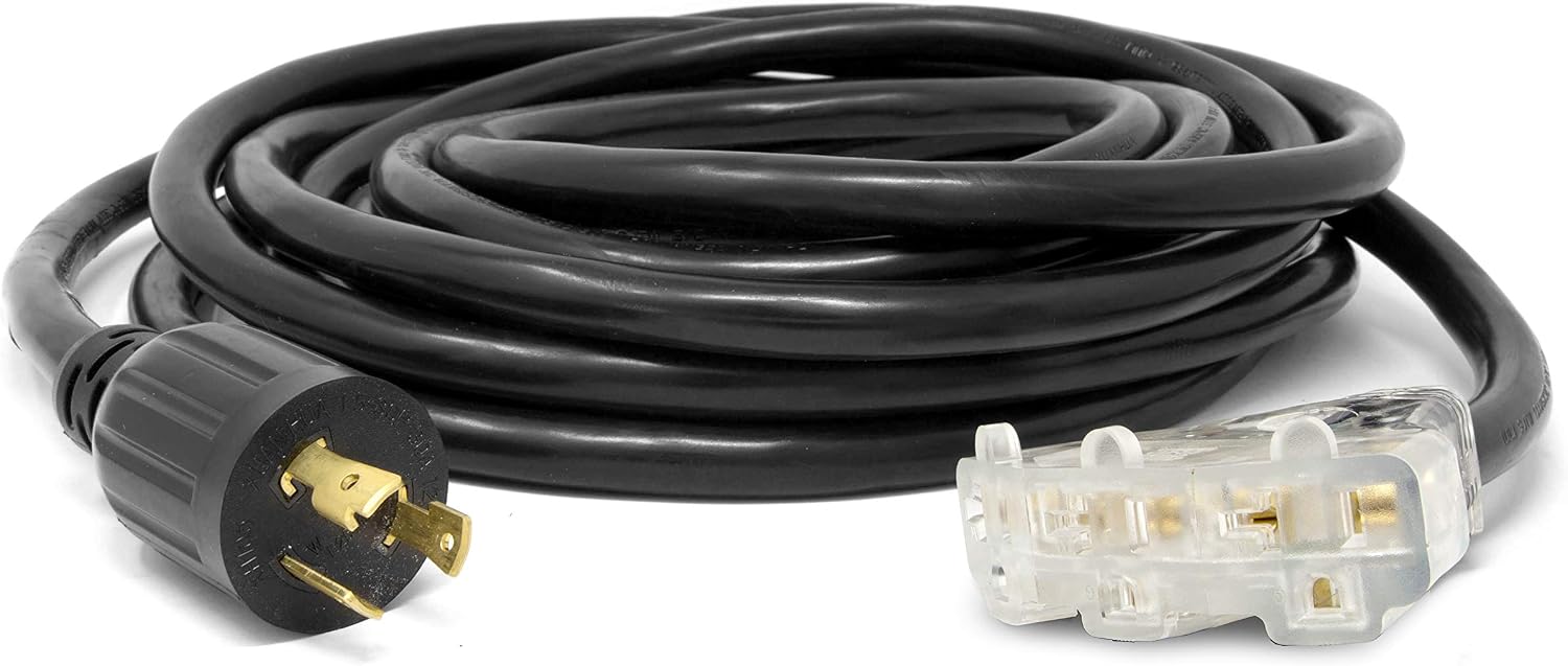 WEN PC2513 25 ft. 30-Amp 10-Gauge SJTW Fan-Style 10/3 Generator Extension Cord (converts L5-30R to Three 5-20R outlets), Black