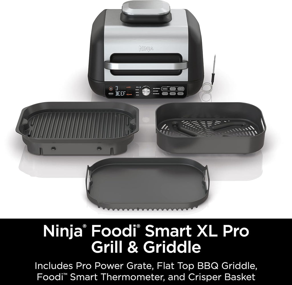 Ninja IG651 Foodi Smart XL Pro 7-in-1 Indoor Grill/Griddle Combo, use Opened or Closed, Air Fry, Dehydrate & More, Pro Power Grate, Flat Top, Crisper, Smart Thermometer, Black