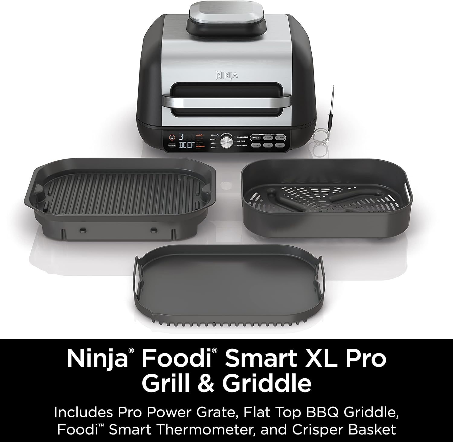Ninja IG651 Foodi Smart XL Pro 7-in-1 Indoor Grill/Griddle Combo, use Opened or Closed, Air Fry, Dehydrate & More, Pro Power Grate, Flat Top, Crisper, Smart Thermometer, Black