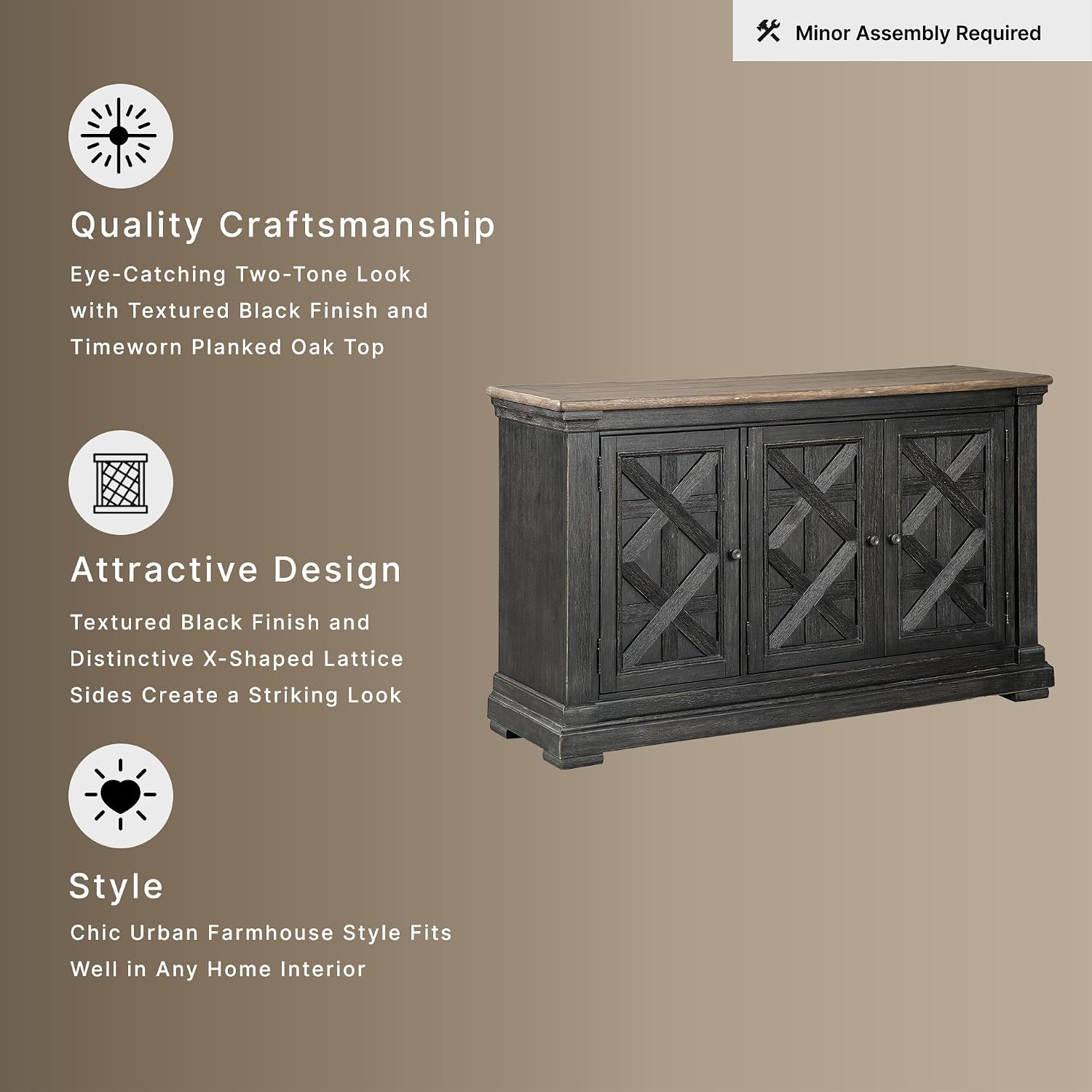 Signature Design by Ashley Tyler Creek Vintage Casual Dining Room Buffet Cabinet or Server with 3 Doors and Lattice Design, Wood, 36" High, Black & Gray