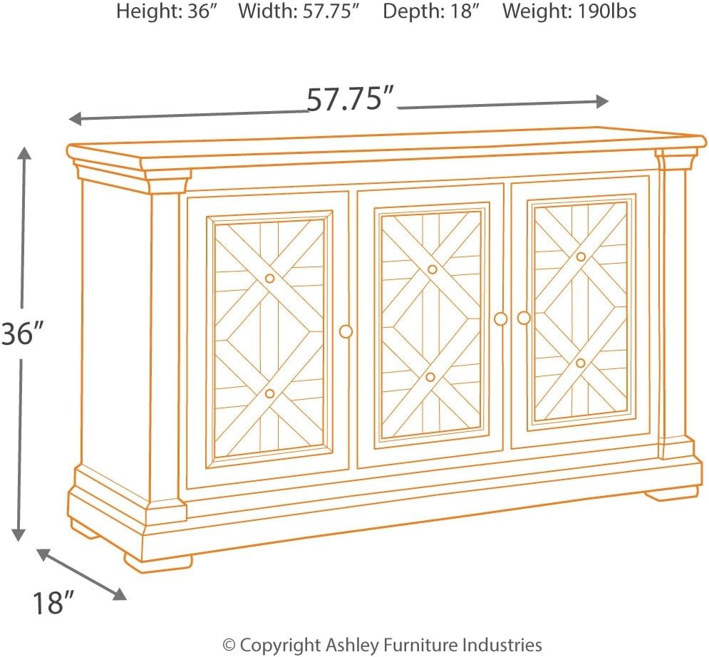 Signature Design by Ashley Bolanburg French Country Dining Room Server, 3 Doors, 2 Adjustable Shelves, Wood, 57.88" W x 18.13" D x 36" H, 2-tone White & Brown