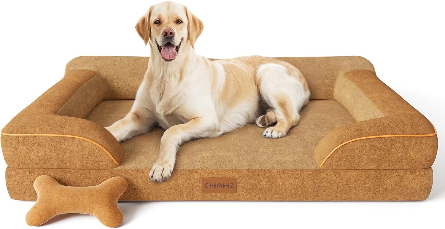 CWAWZ Extra Large Dog Bed, Orthopedic Dog Bed with Cooling Gel Memory Foam, Waterproof XL Pet Bed with Removable Washable Cover, 42" Pet Sofa Couch Dutch Velvet with Bone Toy, Light Gray