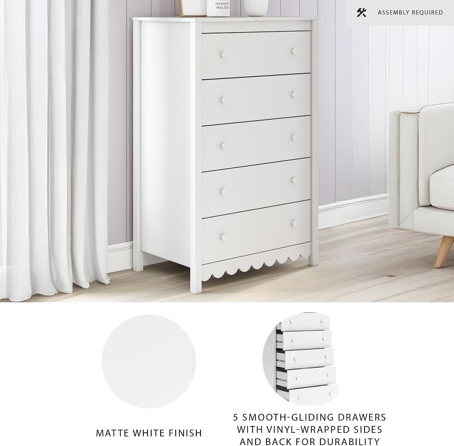 Signature Design by Ashley Hallityn Casual Coastal Chest with Five Smooth-Gliding Drawers, Meets ASTM International Safety Standards, Matte White Finish