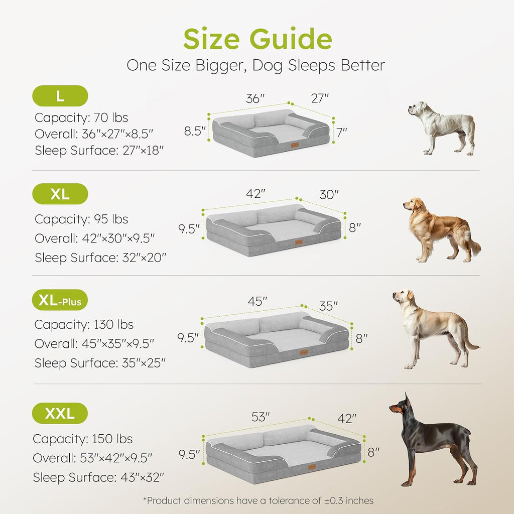 CWAWZ Extra Large Dog Bed, Orthopedic Dog Bed with Cooling Gel Memory Foam, Waterproof XL Pet Bed with Removable Washable Cover, 42" Pet Sofa Couch Dutch Velvet with Bone Toy, Light Gray