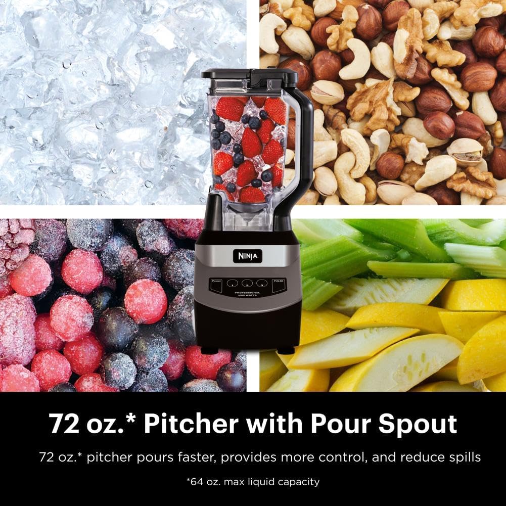 Ninja Blender for Smoothies, Shakes, & More | Smoothie Blender, Drink Mixer, Grinder, Ice Crusher | Total Crushing™ Technology, Pro 1000 W Power, XL 72oz Pitcher, Dishwasher Safe | Black | NJ601AMZ