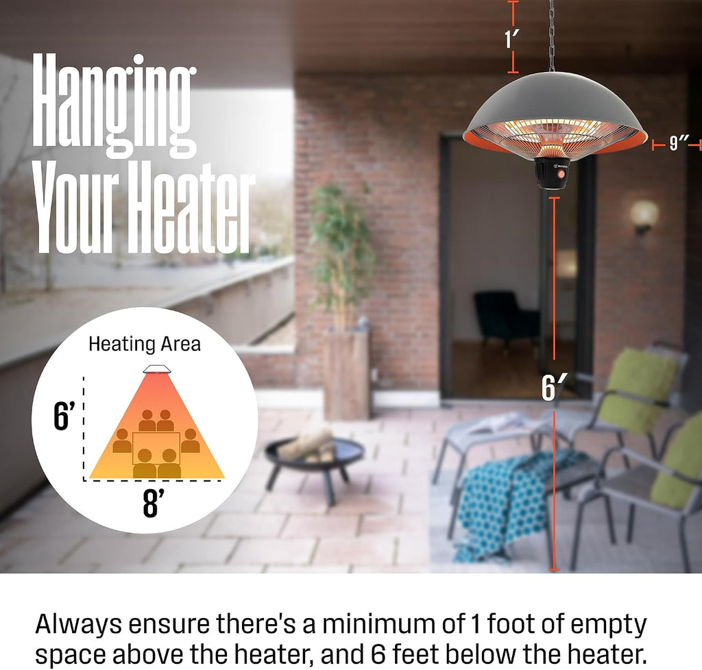 Westinghouse Outdoor Ceiling Patio Heater, Water Resistant, Adjustable Heat Output Up to 1500W, Auto Shut Off Overheat Protection, Hanging Infrared Heater for Patio Cover, Gazebo, & More - Gray