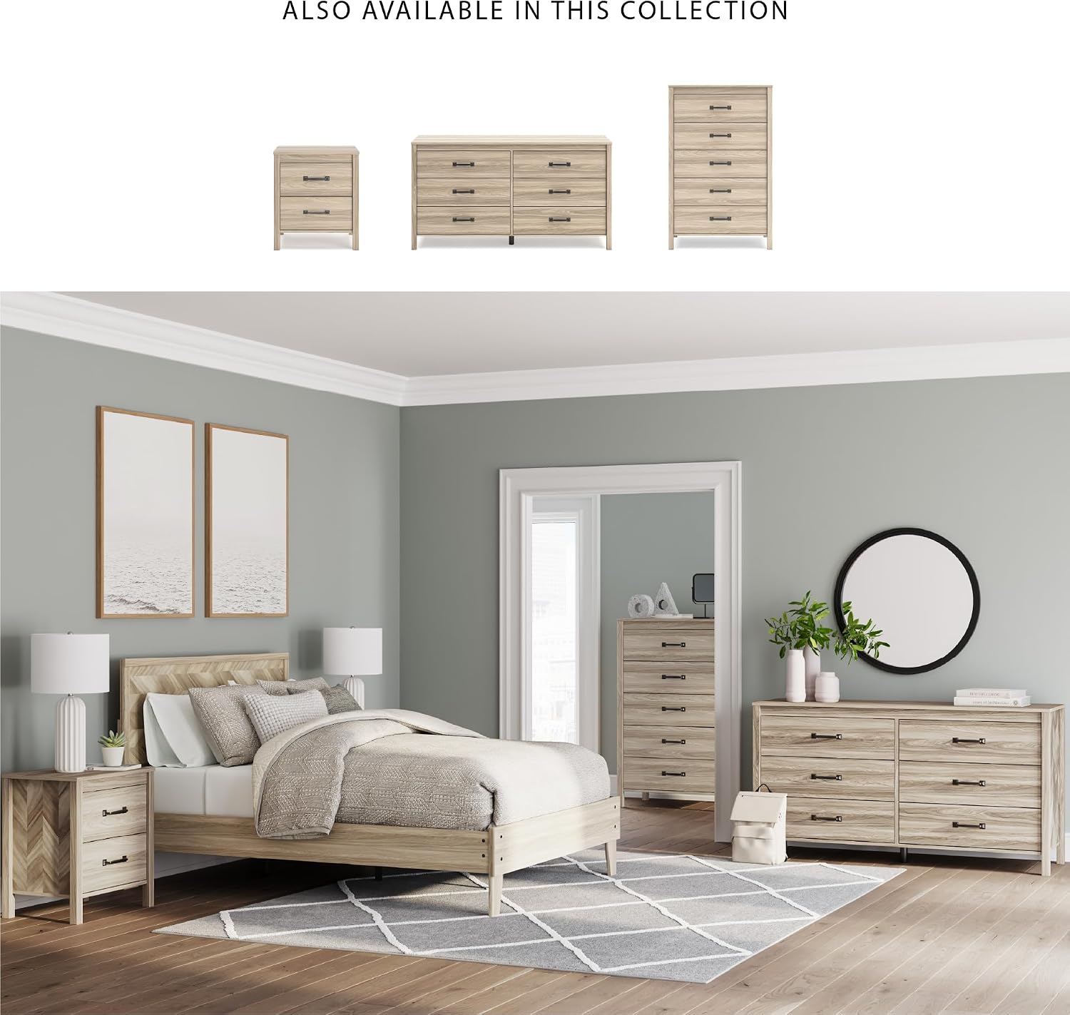 Signature Design by Ashley Battelle Mid-Century Modern Nightstand with Chevron Pattern, 2 Storage Drawers, Dark-Color Hardware, Wood, 24.5" High, Light Brown