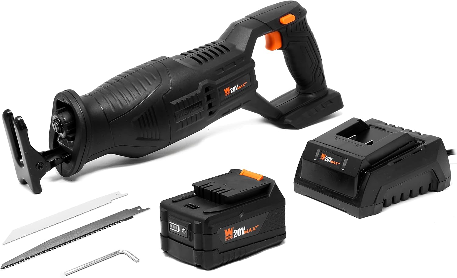 WEN Cordless Reciprocating Saw, Brushless with 20V Max 4.0 Ah Lithium-Ion Battery and Charger (20630)