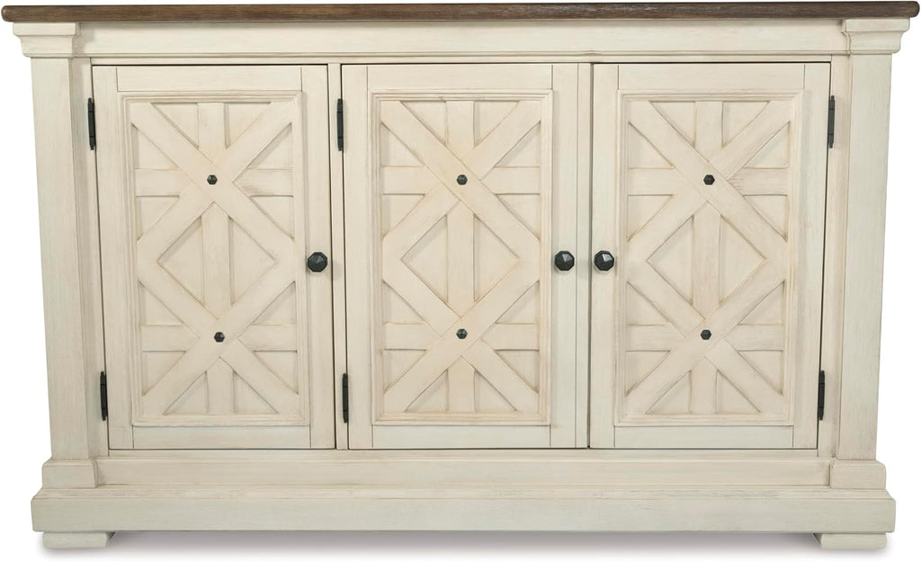 Signature Design by Ashley Bolanburg French Country Dining Room Server, 3 Doors, 2 Adjustable Shelves, Wood, 57.88" W x 18.13" D x 36" H, 2-tone White & Brown