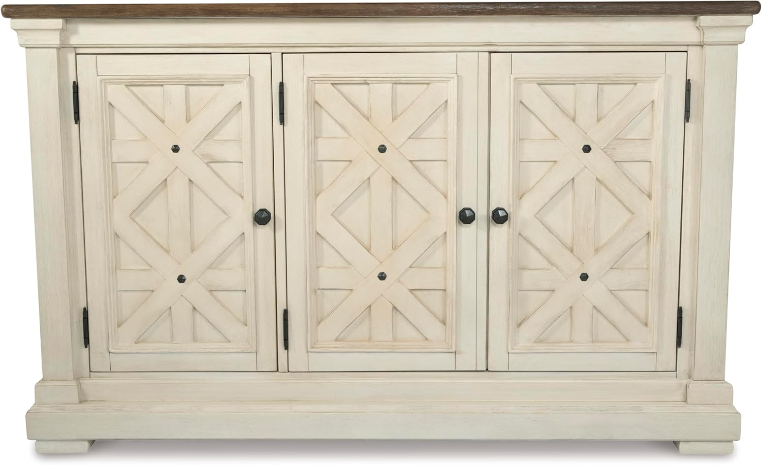 Signature Design by Ashley Bolanburg French Country Dining Room Server, 3 Doors, 2 Adjustable Shelves, Wood, 57.88" W x 18.13" D x 36" H, 2-tone White & Brown