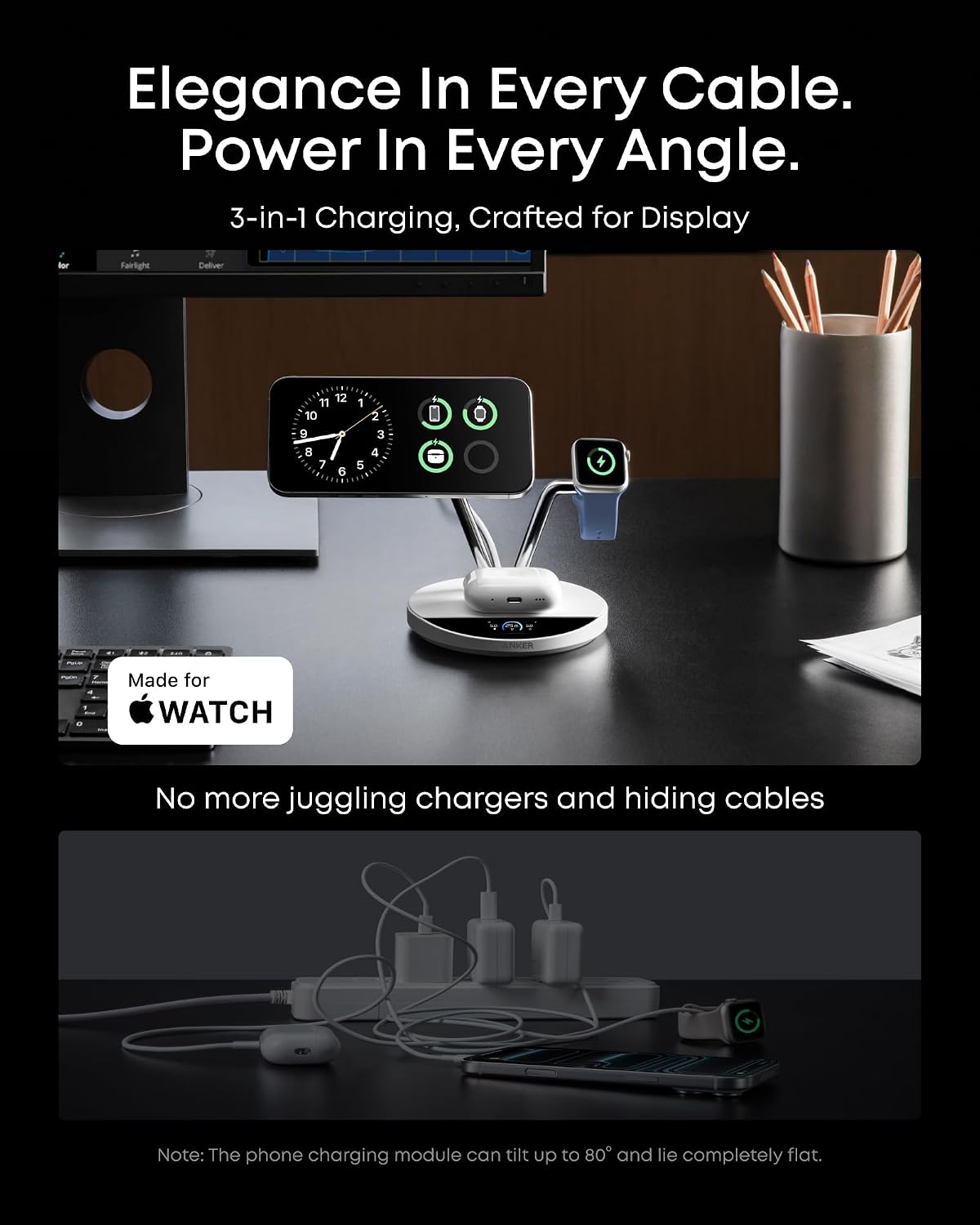 Anker Prime 3-in-1 Qi2.2 MagSafe Compatible 25W Wireless Charging Station | Smart Display, TEC Active Cooling, Apple Watch Charger, for iPhone 17, Apple Watch, AirPods Pro, and More (Adapter Included)