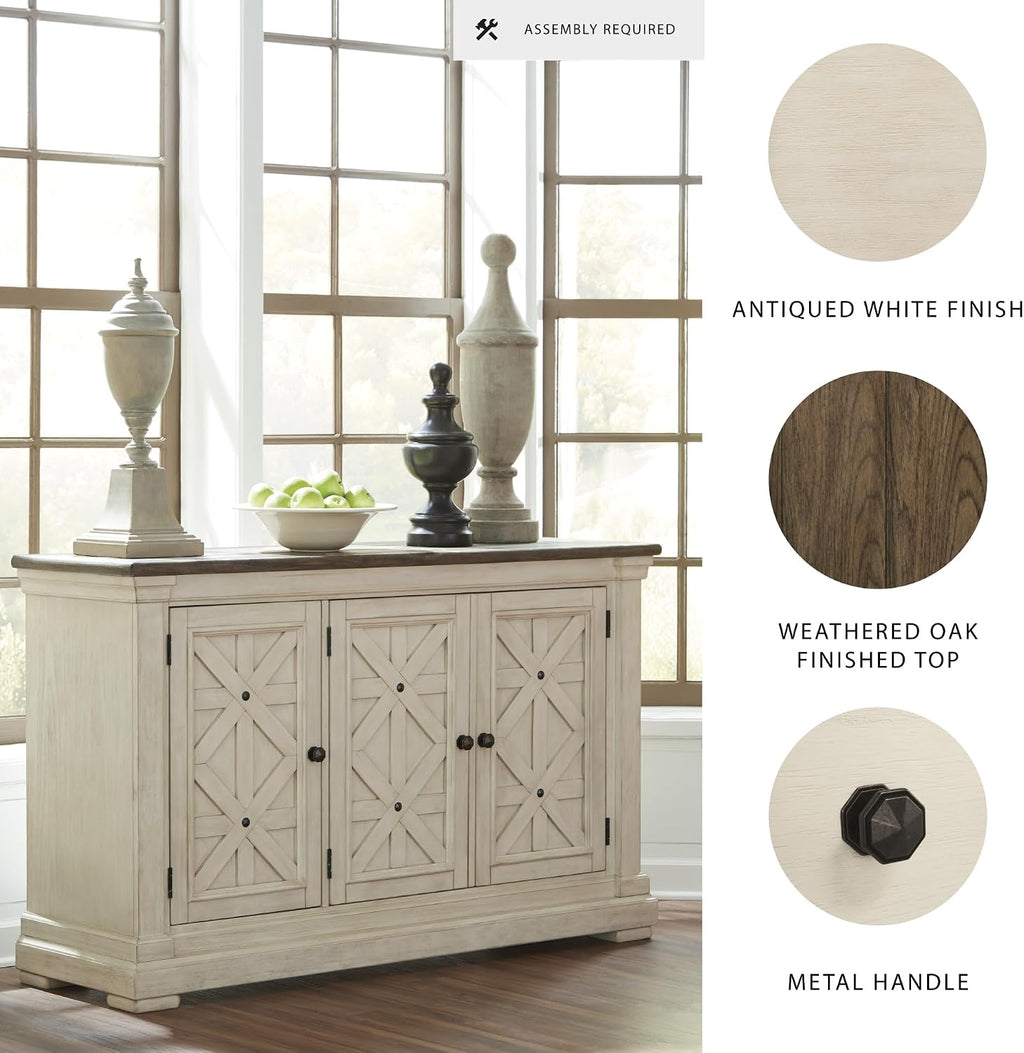Signature Design by Ashley Bolanburg French Country Dining Room Server, 3 Doors, 2 Adjustable Shelves, Wood, 57.88" W x 18.13" D x 36" H, 2-tone White & Brown