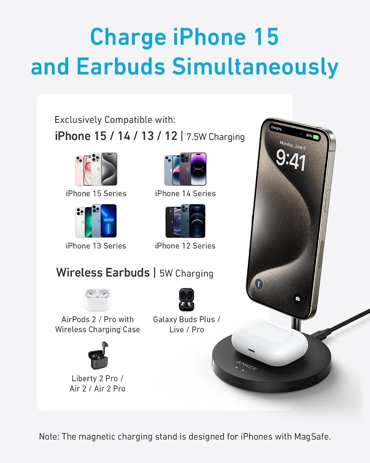 Anker iPhone 16 Wireless Charging Stand, PowerWave 2-in-1 Magnetic Stand Lite with USB-C Cable, for iPhone 16/16 Pro/16 Plus/16 Pro Max/15/14/13 Series, AirPods 2/Pro (No AC Adapter)