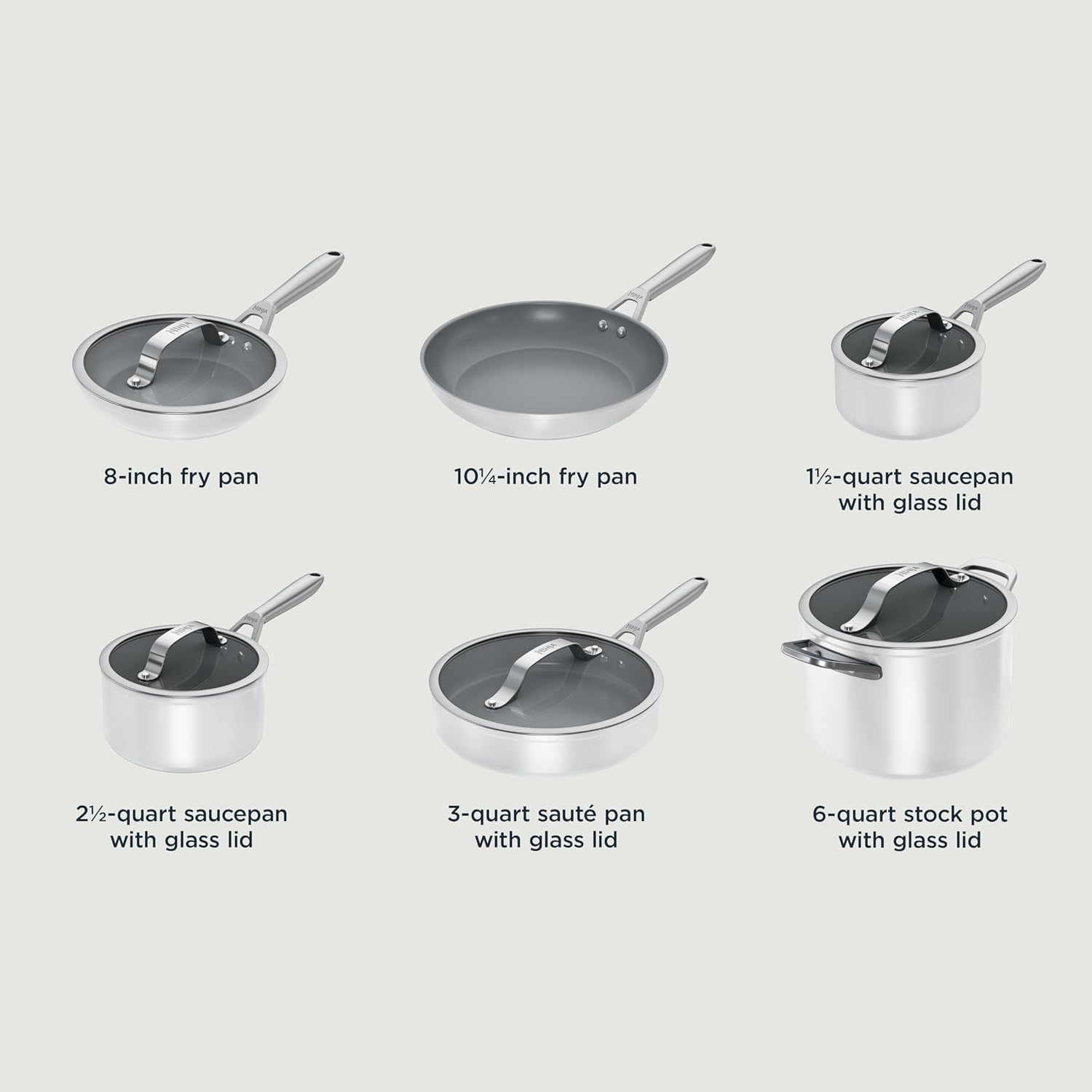 Ninja Ceramic Pro 11-Piece Cookware Set, Non-Stick Pots & Pans Set with Glass Lids, Nontoxic, PTFE Free, Ceramic Coated, Oven Safe, All Stovetops & Induction Compatible, Steam White, CW39011WH