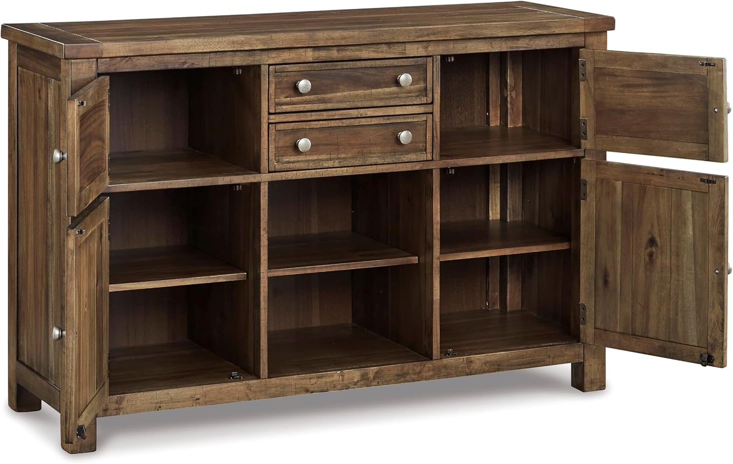 Signature Design by Ashley Moriville Vintage Casual Dining Room Buffet or Server with 4 Cabinets & Center Display Shelf, 2 Drawers, Wood, 56" Wide, Brown