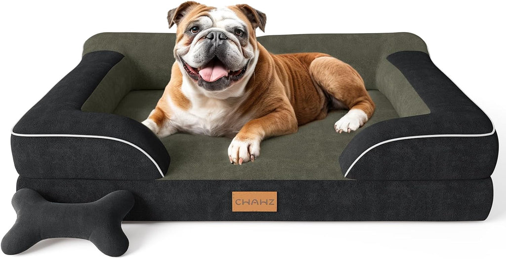 CWAWZ Extra Large Dog Bed, Orthopedic Dog Bed with Cooling Gel Memory Foam, Waterproof XL Pet Bed with Removable Washable Cover, 42" Pet Sofa Couch Dutch Velvet with Bone Toy, Light Gray