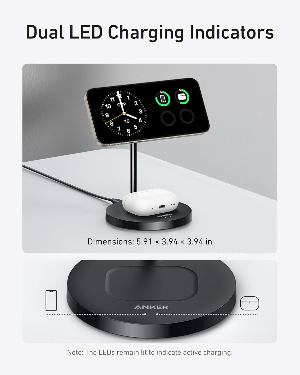 Anker MagGo 2-in-1 MagSafe Compatible Qi2 15W Wireless Charging Stand | Qi2 Certified, Fast Charging, Wireless Charger for iPhone 17, AirPods Pro, and More (Black, Adapter Not Included)