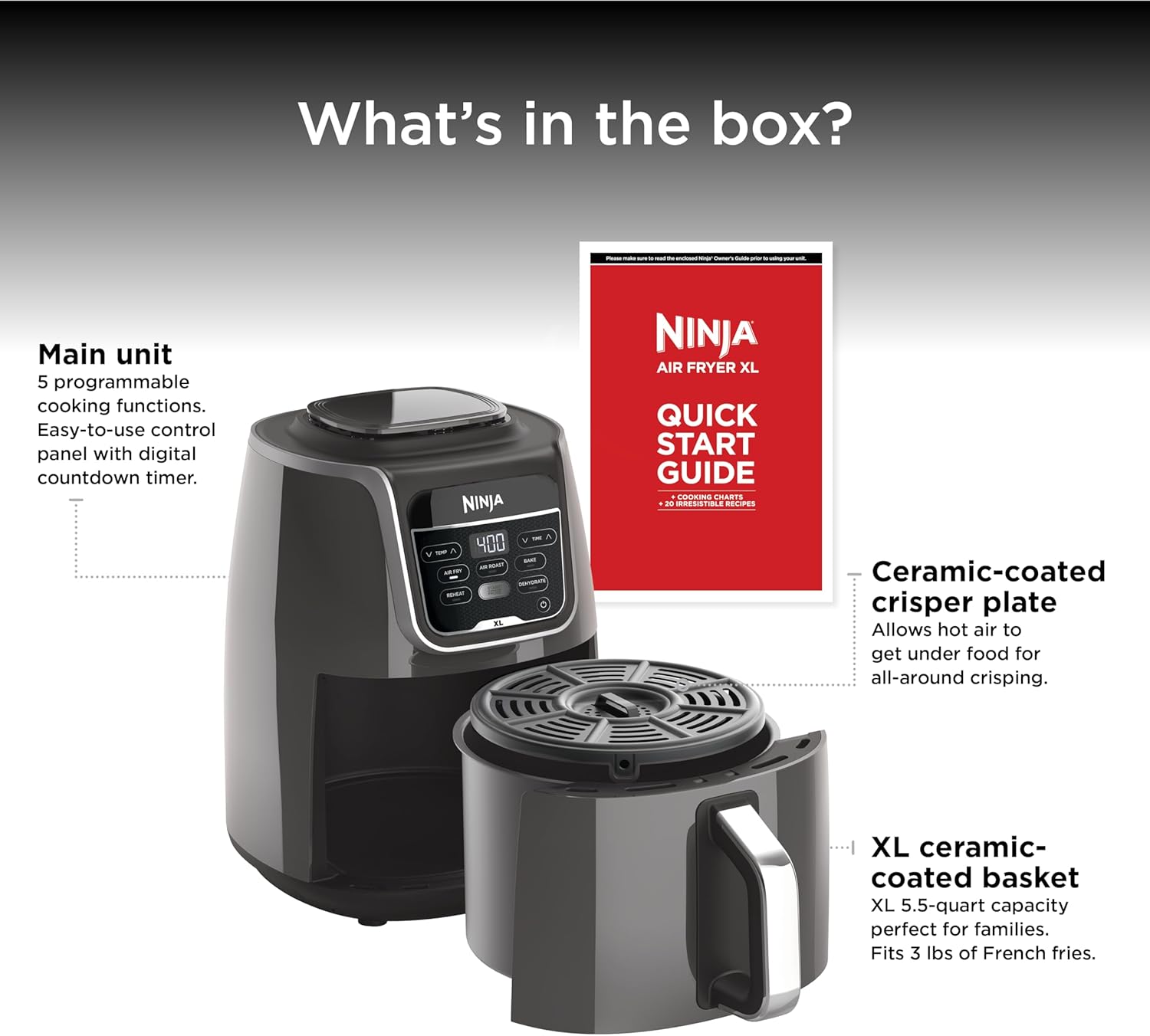 Ninja XL Air Fryer | 5.5 QT Capacity fits 3lbs of Wings | 5-in-1 Air Fry, Roast, Bake, Reheat & Dehydrate | 400°F Max Temp | 1750 Watts | With Dishwasher Safe Parts & Recipe Guide | Grey | AF150AMZ