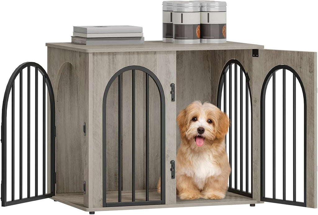Hzuaneri 31.5'' Wooden Dog Crate Furniture, Indoor Dog Kennel Dogs Cage for Small/Medium Dogs, Heavy Duty Dog Crates Decorative Pet House End Side Table TV Stand, White Brown DFC85114B
