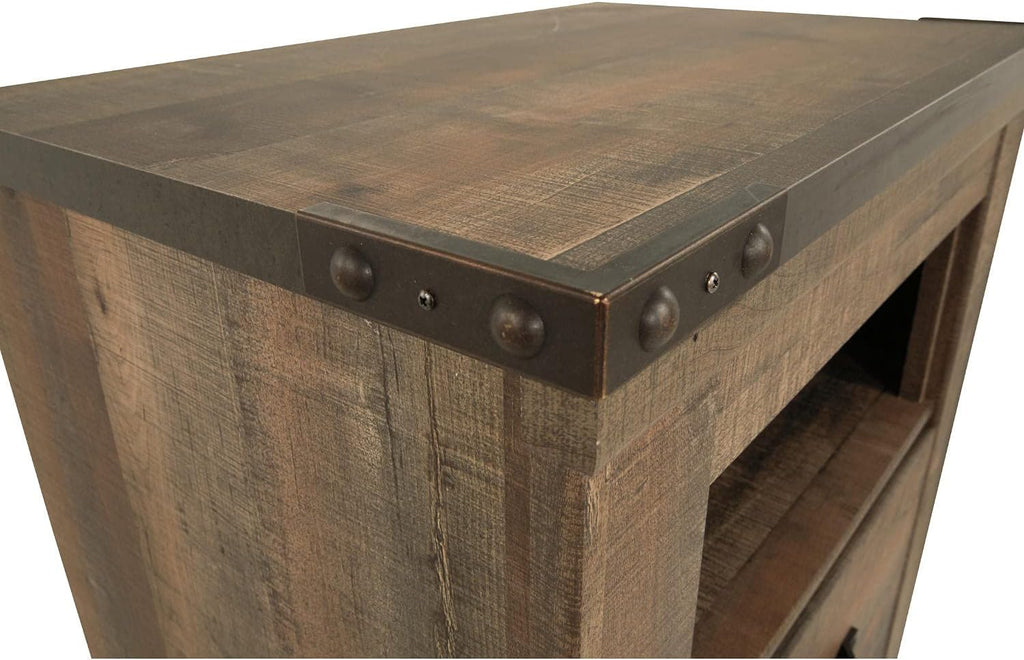 Signature Design by Ashley Trinell Rustic 1 Drawer Nightstand, USB Charing, Storage Cubby, Nailhead Accents, Wood, 24.72" W x 16.18" D x 26.22" H, Warm Brown
