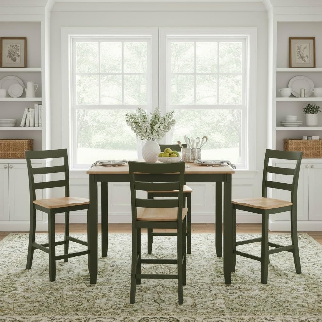 Signature Design by Ashley Gesthaven Counter Height Dining Set, 5-Piece Bar Table and Chairs Set with Butcher Block Top, Casual Green and Light Natural Mango Wood